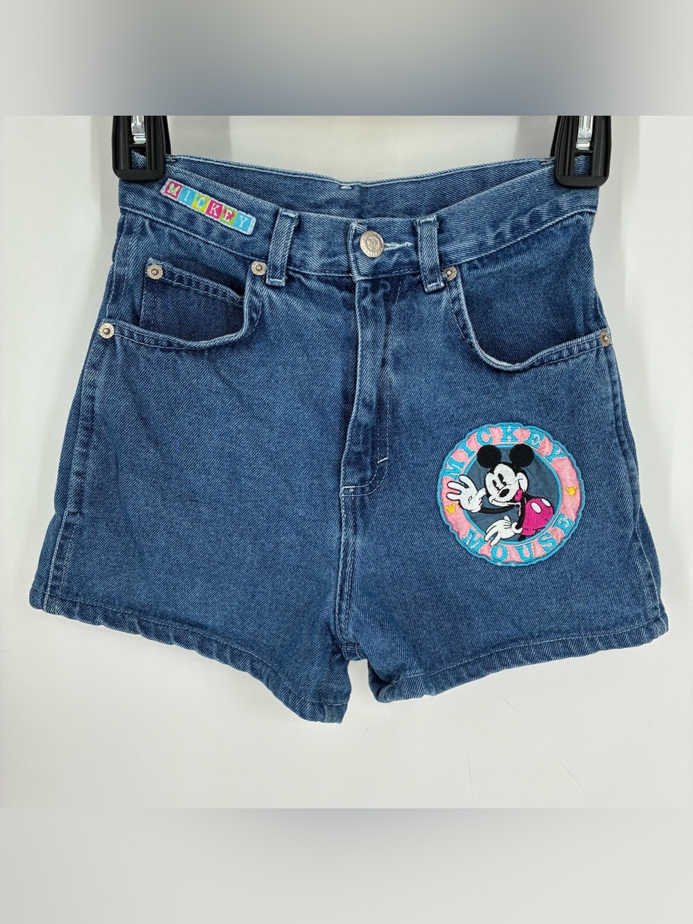 Vintage 90s Mickey Mouse Girls Large 8 9 Denim Shorts Blue Jeans High Rise